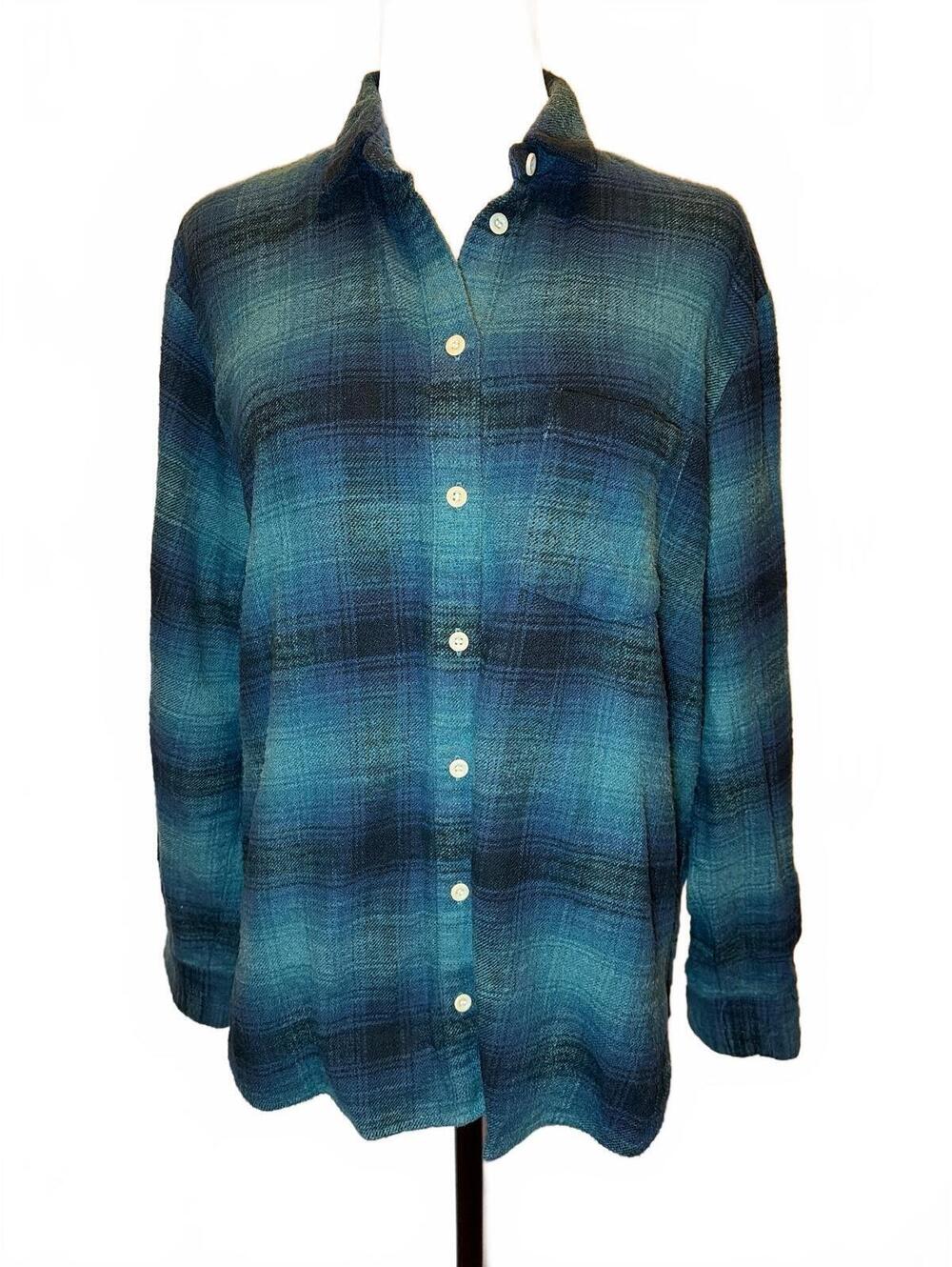 Madewell M Teal Blue Ombre Plaid Cotton Button Up Shirt 90s Grunge Cabincore